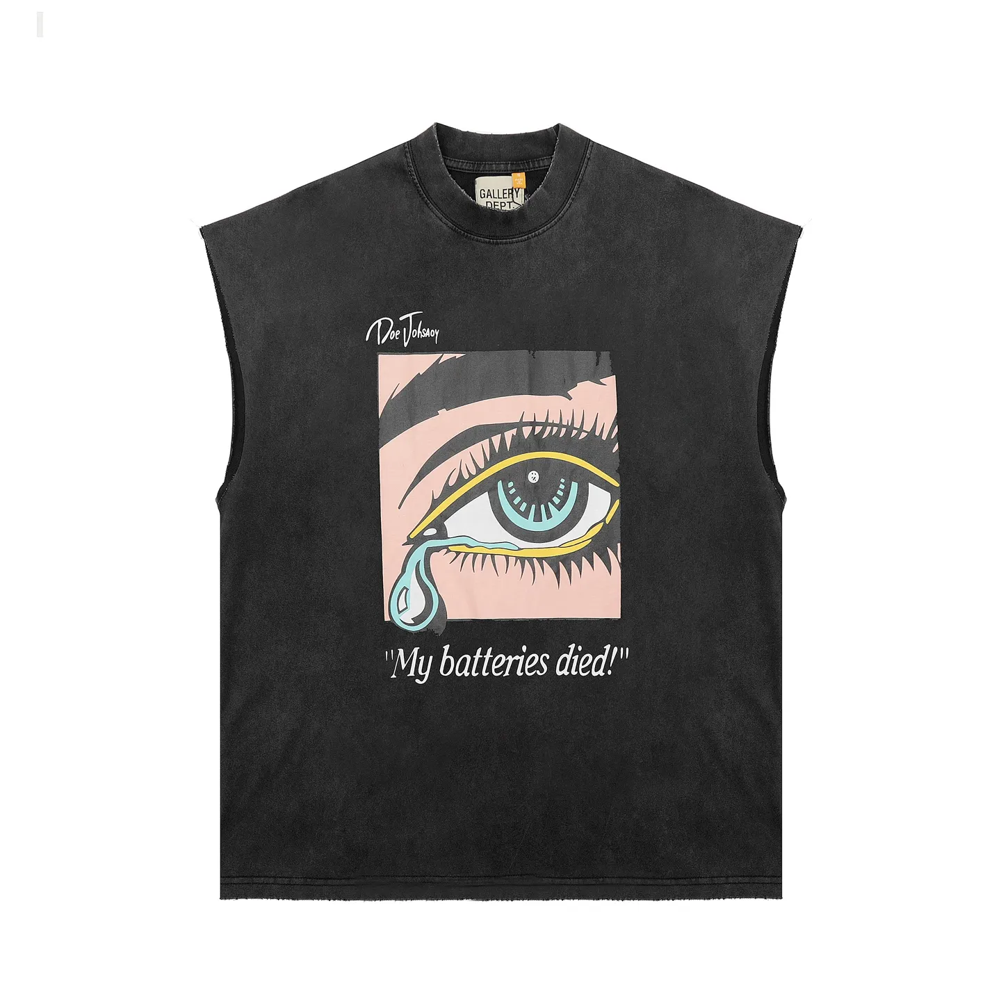 pt model number #G1012 P116 GALLERY DEPT. Distressed and frayed sleeveless waistcoat short sleeves. Angel's tears. Front and back printing. Made of 280G double yarn pure cotton. The fabric is comfortable and stylish. After washing and distressing, the upper body becomes more fashionable and cool. The collar and hem are frayed. The US version is too large. Color: washed black. Size S/M/L/XL